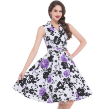 Bello Poque Stock Sleeveless Retro Vintage Sleeveless Lapel Collar Cotton Floral Print Retro 50s Party Dress BP000003-2